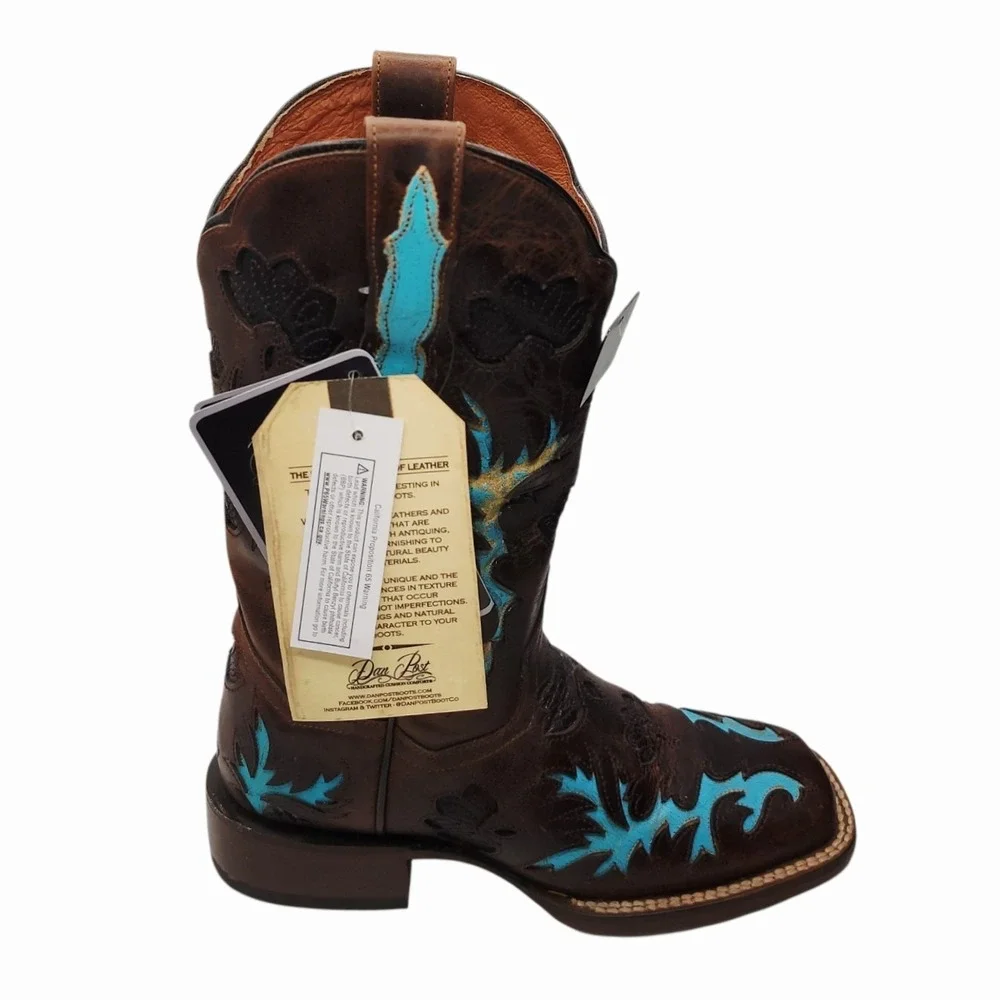 Dan Post Women's Brown‎ Turquoise Western Cowboy Boots Size 6.5M New Leather - Picture 4 of 13